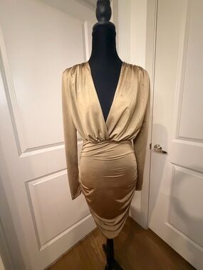 SHEIN Champagne Gold Long-Sleeve V-Neck Ruched Satin Dress